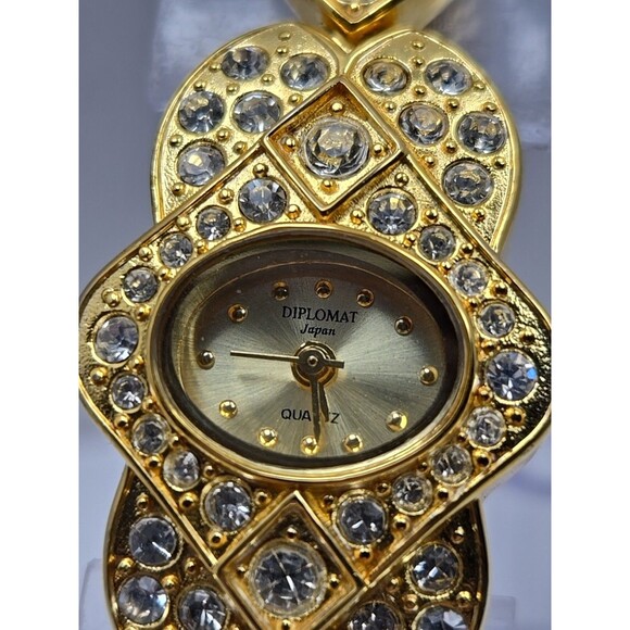 Diplomat Japan Quartz Heart Link Rhinestone Gold Tone Bracelet Watch New Battery - Picture 4 of 12